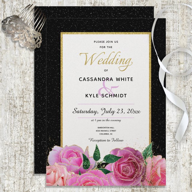 Black & White Glitter & Pink Roses Wedding Invitation (Creator Uploaded)