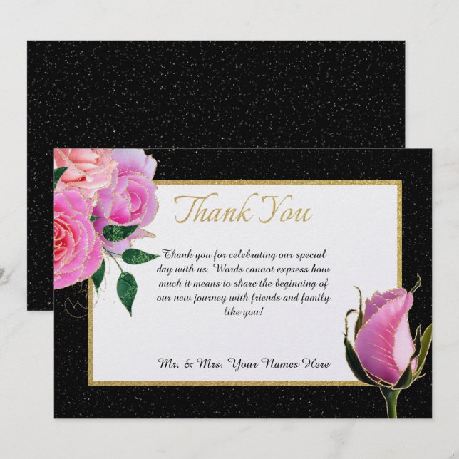 Black & White Glitter & Pink Roses with Gold Thank You Card (Front/Back)