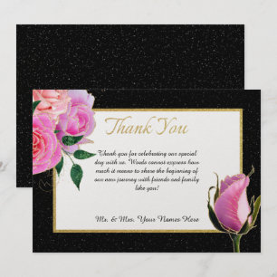 Black & White Glitter & Pink Roses with Gold Thank You Card
