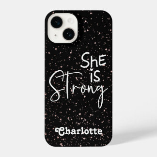 Black white glitter She is Strong Christian quote iPhone 14 Case