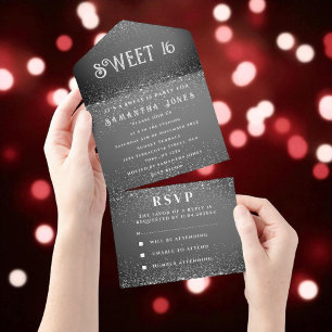 Black White Glitter Sparkle Modern Sweet 16 All In One Invitation