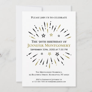 Black White Gold 50th Birthday Party Fireworks Invitation