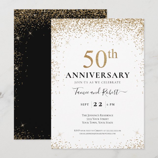 Black White Gold 50th Wedding Anniversary  Invitation (Front/Back)