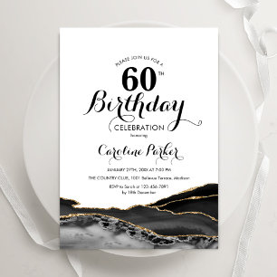 Black White Gold Agate 60th Birthday Invitation