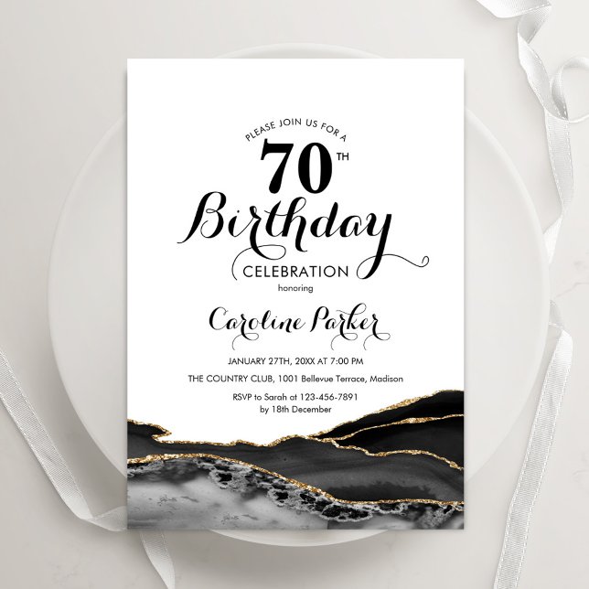 Black White Gold Agate 70th Birthday Invitation (Creator Uploaded)