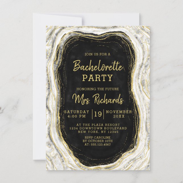 Black White & Gold Agate Geode Bachelorette Party Invitation (Front)