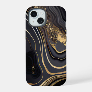 Black White Gold Agate Monogrammed Linear iPhone 15 Case