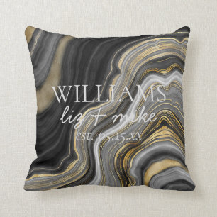 Black White Gold Agate Name Wedding Date Keepsake Cushion