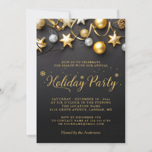 Black White Gold Baubles Annual Holiday Party Invitation