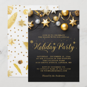 Black White Gold Baubles Annual Holiday Party Invitation