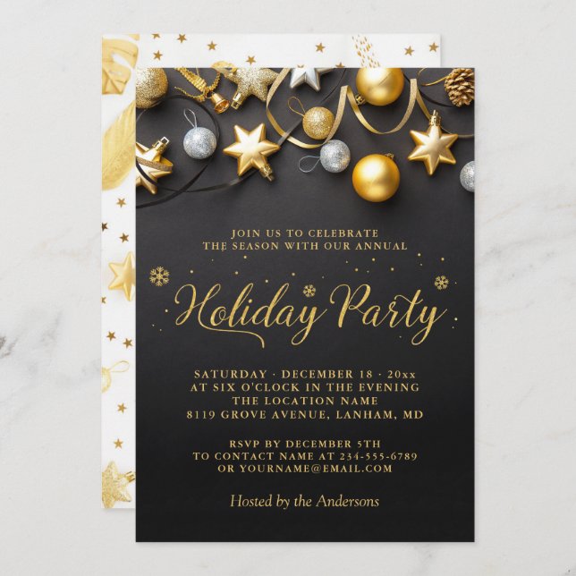 Black White Gold Baubles Annual Holiday Party Invitation (Front/Back)