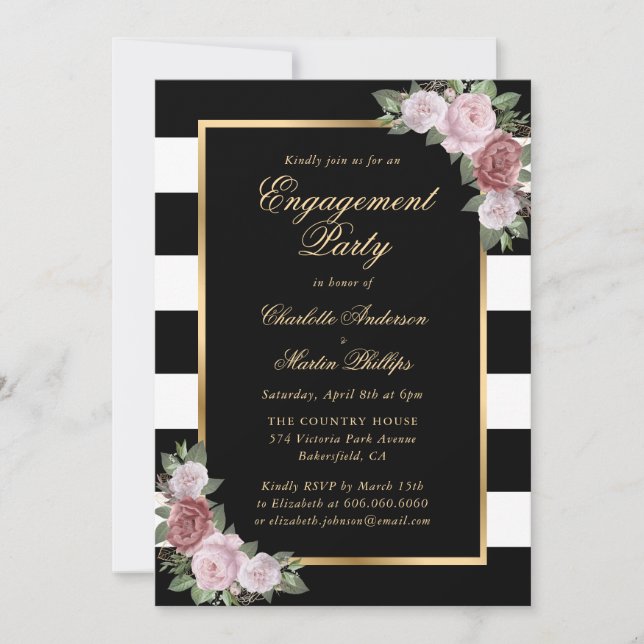 Black White Gold Blush Floral Engagement Party Invitation (Front)