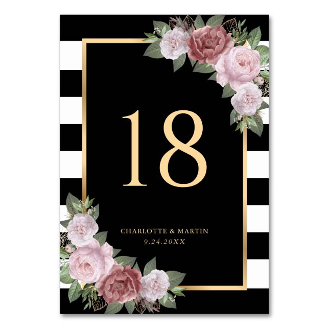 Black White Gold Blush Floral Table Number Card (Front)