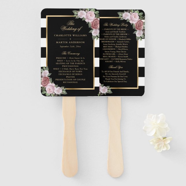 Black White Gold Blush Floral Wedding Program Hand Fan (Front and Back)