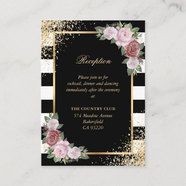 Black White Gold Blush Floral Wedding Reception Enclosure Card (Front)