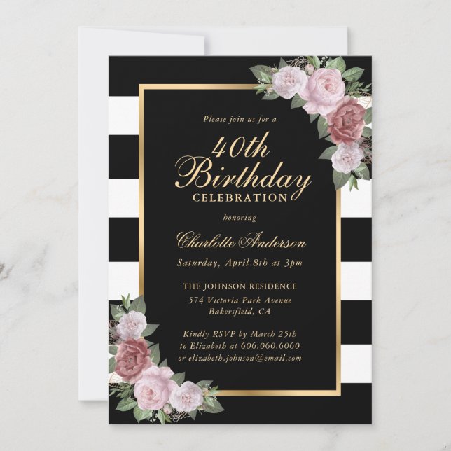 Black White Gold Blush Pink Floral 40th Birthday Invitation (Front)