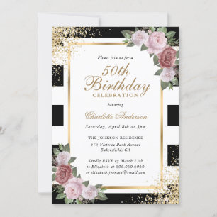 Black White Gold Blush Pink Floral 50th Birthday Invitation