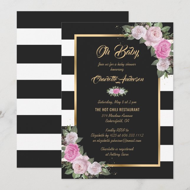 Black White Gold Blush Pink Floral Baby Shower Invitation (Front/Back)