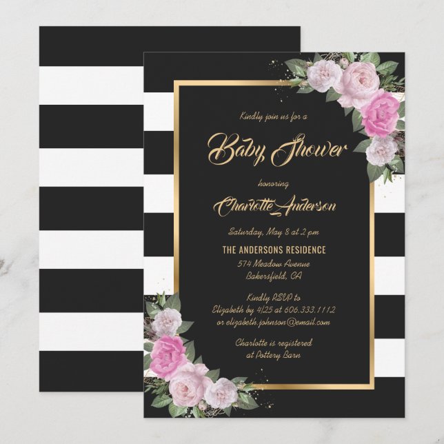 Black White Gold Blush Pink Floral Baby Shower Invitation (Front/Back)