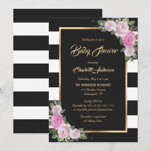 Black White Gold Blush Pink Floral Baby Shower Invitation