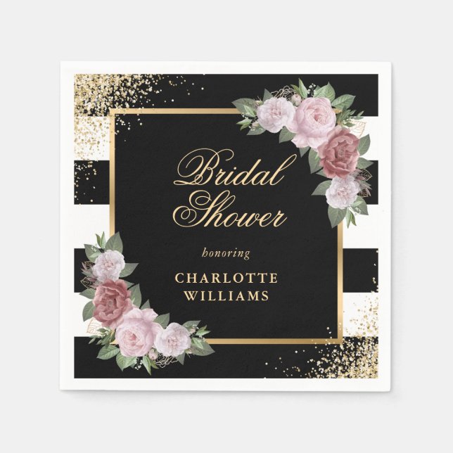Black White Gold Blush Pink Floral Bridal Shower Napkin (Front)