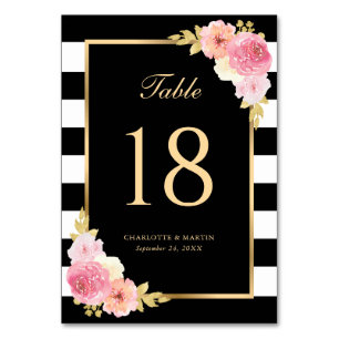 Black White Gold Blush Pink Floral Table Number