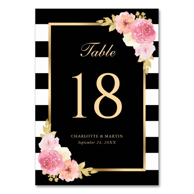 Black White Gold Blush Pink Floral Table Number (Front)