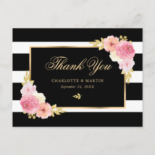 Black White Gold Blush Pink Floral Thank You Postcard