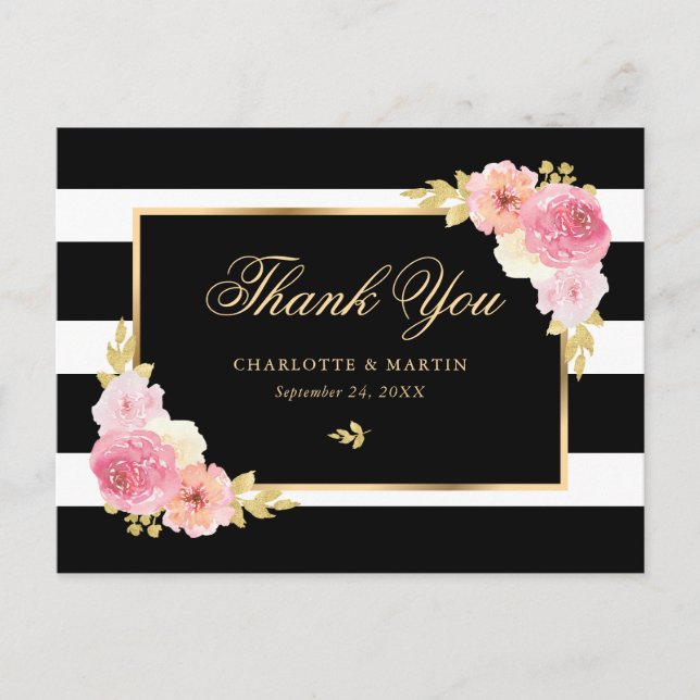 Black White Gold Blush Pink Floral Thank You Postcard (Front)