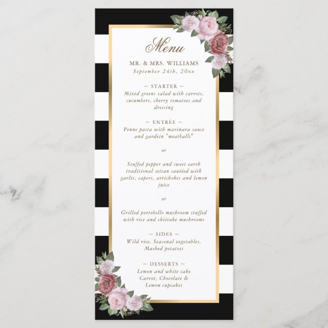 Black White Gold Blush Pink Floral Wedding Menu (Front)