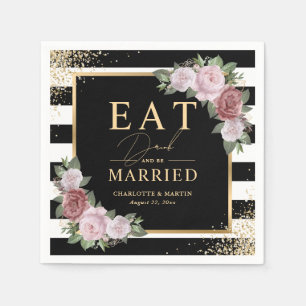 Black White Gold Blush Pink Floral Wedding Napkin
