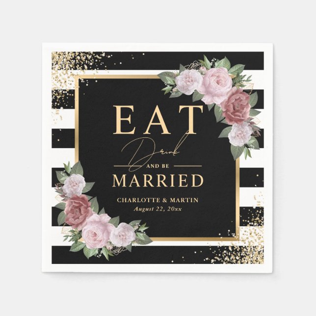 Black White Gold Blush Pink Floral Wedding Napkin (Front)