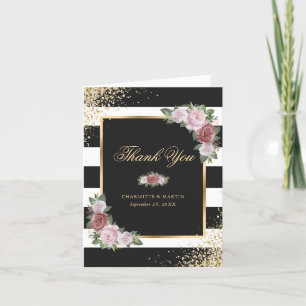 Black White Gold Blush Pink Floral Wedding Photo Thank You Card