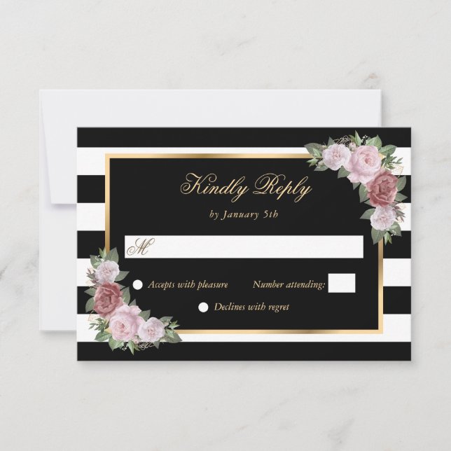 Black White Gold Blush Pink Floral Wedding RSVP Card (Front)