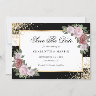 Black White Gold Blush Pink Floral Wedding Save The Date