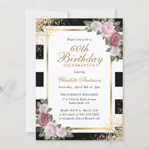 Black White Gold Blush Pink Rose 60th Birthday Invitation