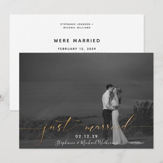 Black White Gold Calligraphy Just Married Photo Invitation (Front/Back)