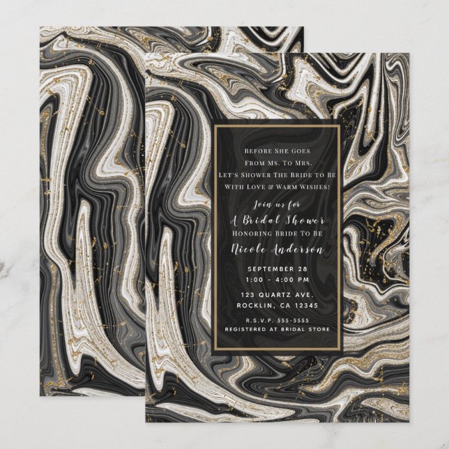 Black White & Gold Chic Swirl Modern Bridal Shower Invitation (Front/Back)