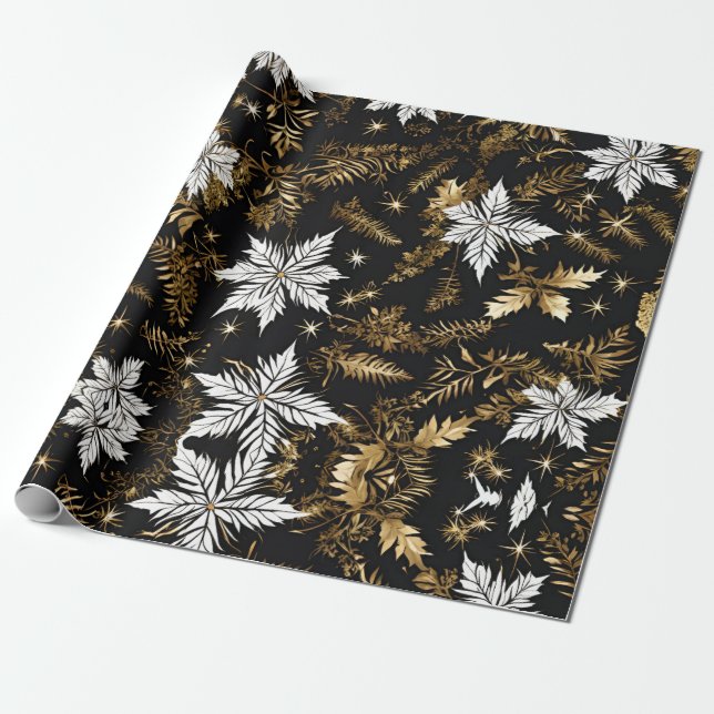 Black White Gold Christmas Flower Wrapping Paper (Unrolled)