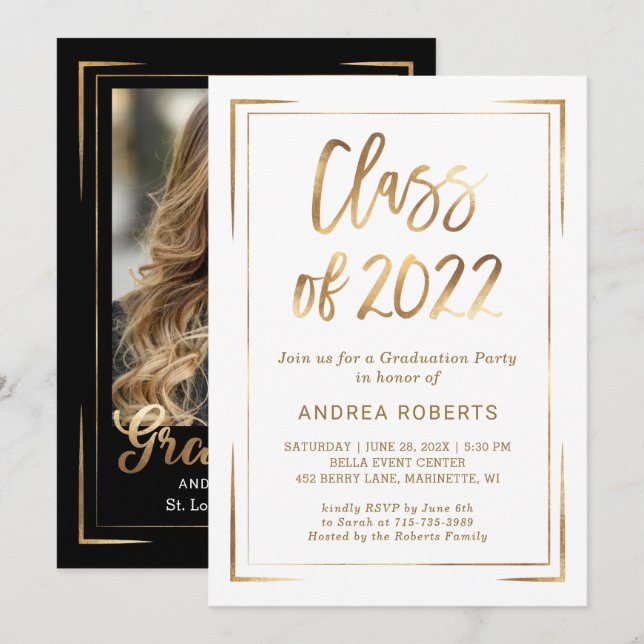 Black White Gold Class of 2022 Graduation Party Invitation (Front/Back)