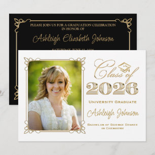 Black, White, Gold Class of 2025 Photo Graduation Invitation