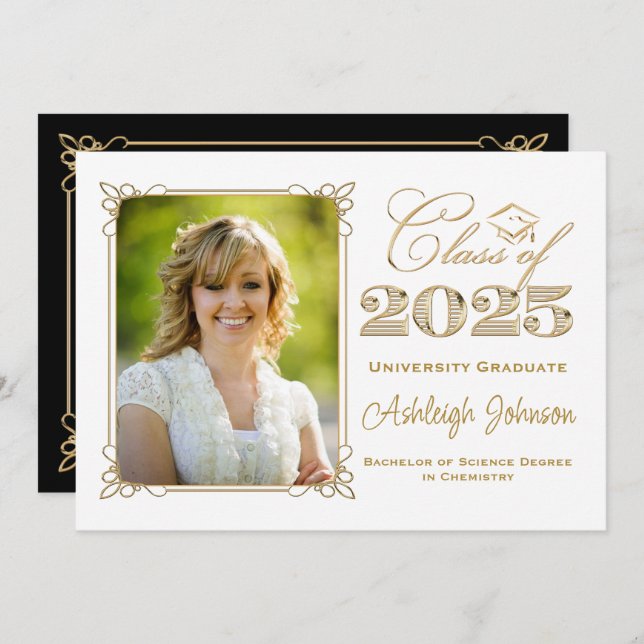 Black, White, Gold Class of 2025 Photo Graduation Invitation (Front/Back)