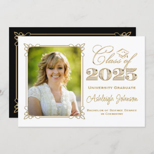 Black, White, Gold Class of 2025 Photo Graduation Invitation