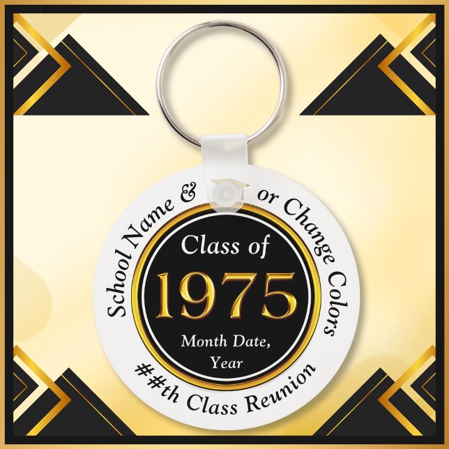 Black, White, Gold, Class of '75, Class Reunion Key Ring (Class of 1975 Reunion. Personalized Class Reunion Keychains. Class of 75 ideas, party favors, gifts.)
