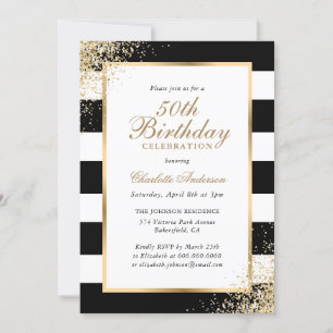 Black White Gold Confetti 50th Birthday Invitation