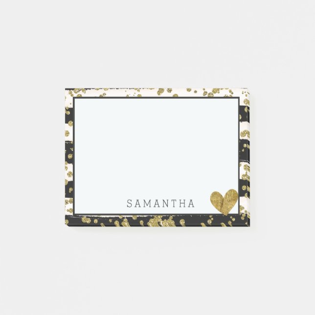 Black White Gold Confetti and Stripes Post-it Notes (Front)