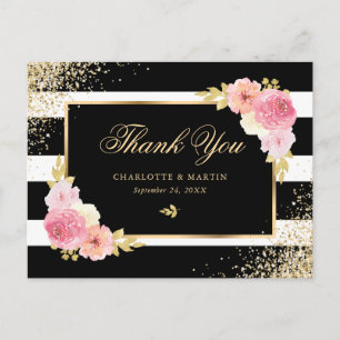 Black White Gold Confetti Blush Floral Thank You Postcard