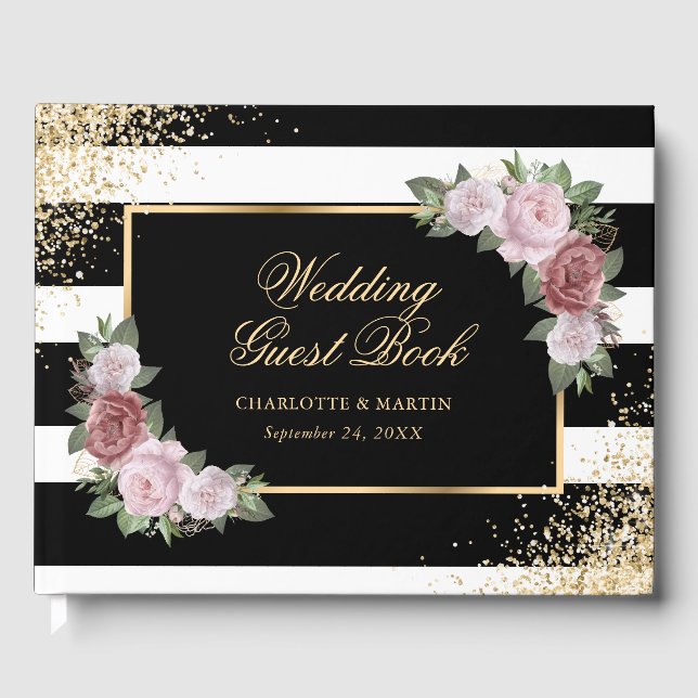 Black White Gold Confetti Blush Floral Wedding Guest Book (Front)