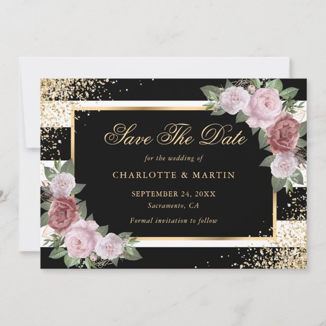 Black White Gold Confetti Blush Floral Wedding Save The Date (Front)