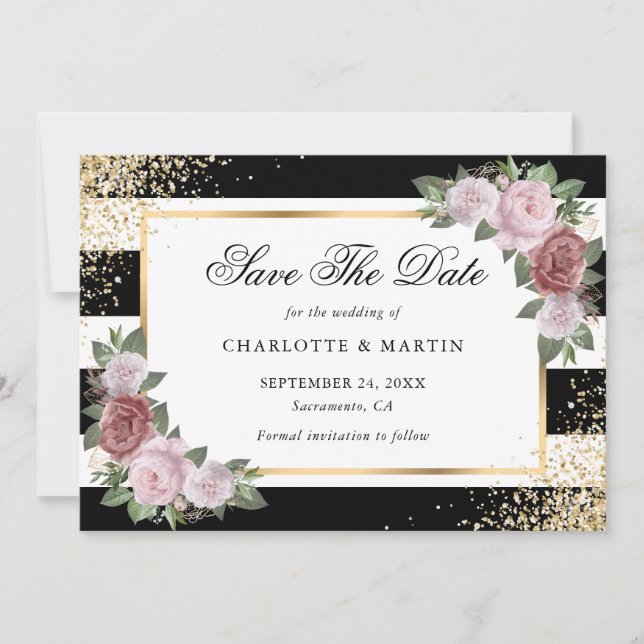 Black White Gold Confetti Blush Floral Wedding Save The Date (Front)